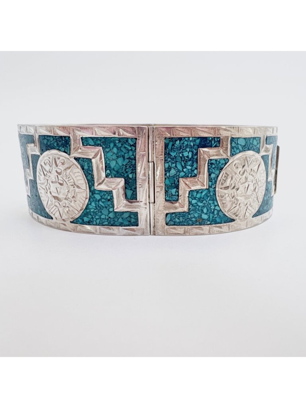 Turquoise Inlay Sterling Silver 925 Aztec Motifs Hinged Cuff Bracelet 6.75"